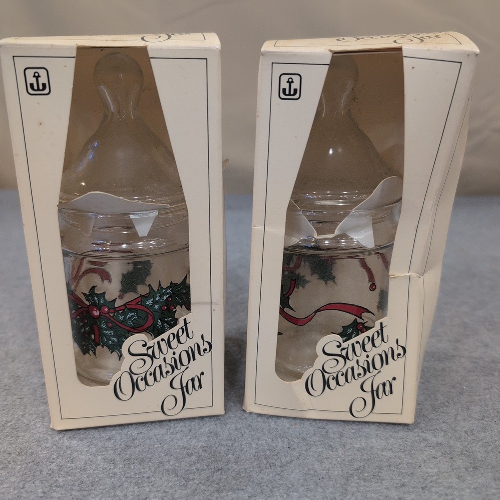 Vintage Anchor Hocking Sweet Occasions Jar Set of 2 Christmas Holly Ribbon Glass - Picture 1 of 4